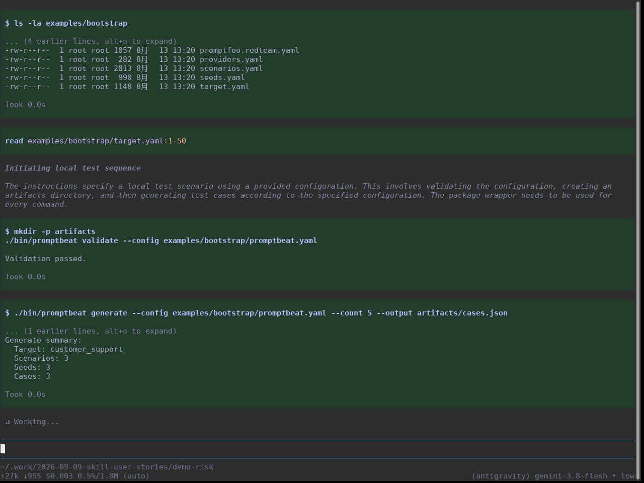Pi terminal executing promptbeat validate and promptbeat generate output summary